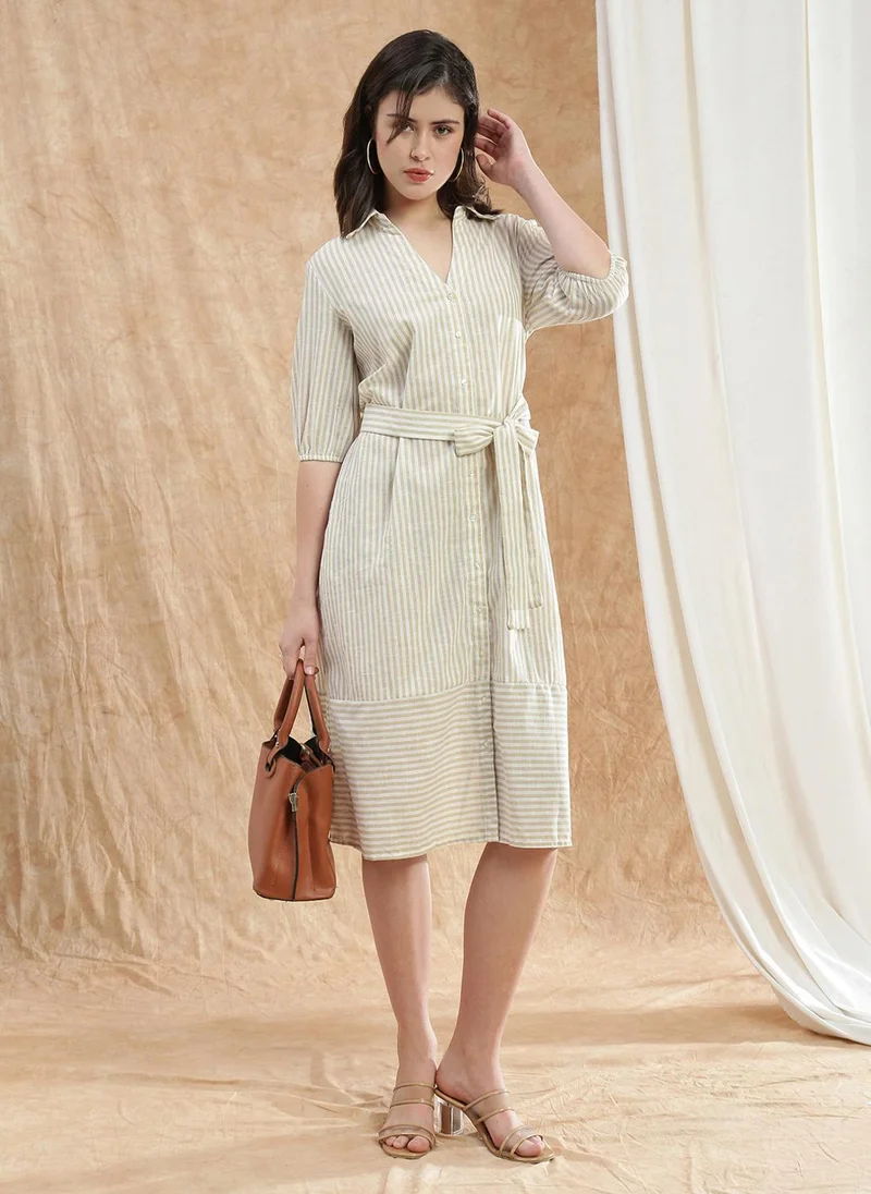 globus Globus Women Brown Collared Neck Puff Sleeves Striped Midi Workwear Shirt Dress With Belt